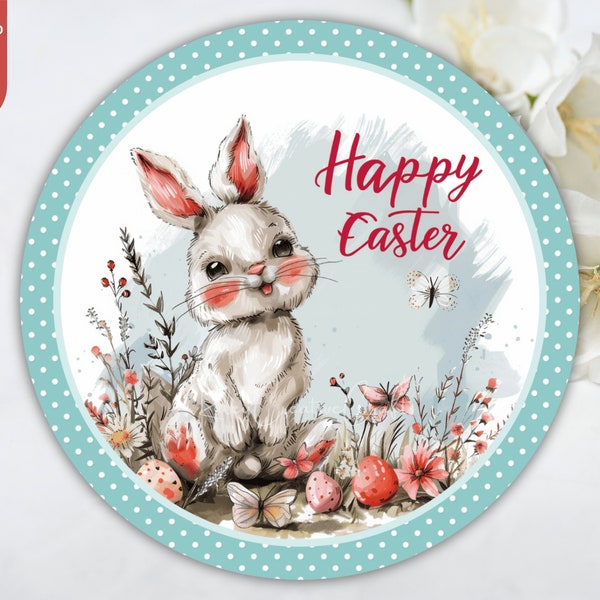 Happy Easter Round PNG, Easter Bunny Wall Decoration Printable Easter Basket Gift Tag Digital Spring Garden Easter Sign For Wreath Craft DIY