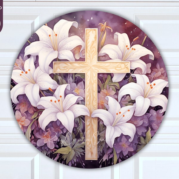 Easter Round PNG, Religious Cross Front Door Sign, Easter Sublimation Wreath Design, Christian Home Wall Decor Printable Sign Digital Circle