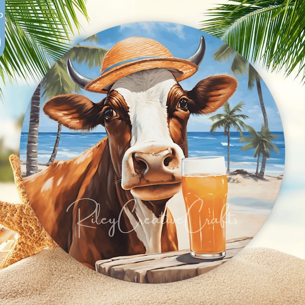 Summer Cow Round Sublimation Design, Beach Door Hanger Round PNG, Cold Beer Wreath Sign Door Hanger Digital Download, Cow Door Sign