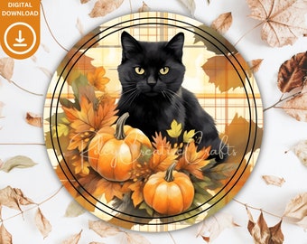 Colgador de puerta de otoño de gato negro PNG, signo de corona de otoño para la decoración de la puerta principal, diseño de sublimación de corona de Acción de Gracias, corona redonda PNG digital