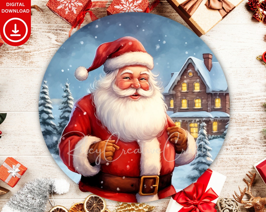 Santa Christmas Wreath PNG, Sublimation Xmas Round Door Sign PNG ...