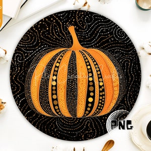 May include: A round, black and gold pumpkin with a swirling pattern. The pumpkin is made of small dots and circles. The background is black with a swirling pattern of gold dots.
