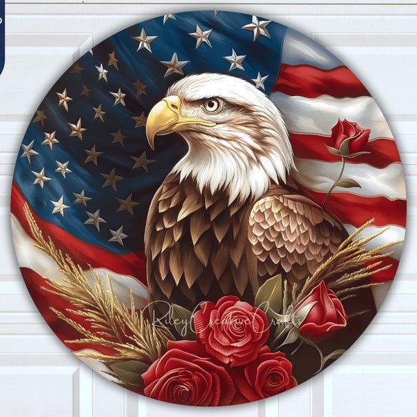 4th of July Front Door Sign Digital, American Eagle Sublimation Wreath Sign Summer, Independence Day Wall Decor Rose Door Hanger Digital