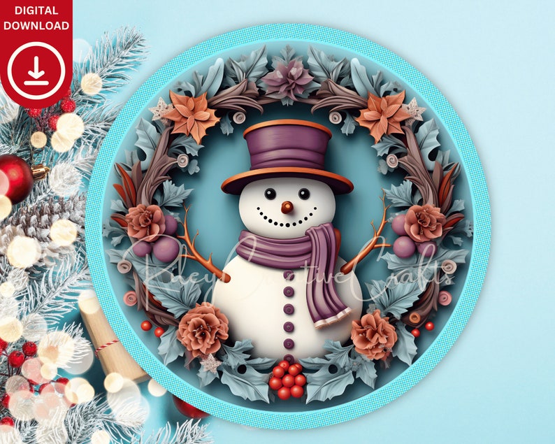 3D Snowman Wreath Sign Sublimation PNG, Round Christmas Wreath PNG Design, Door Hanger, Ornament, Digital Prints Download image 2