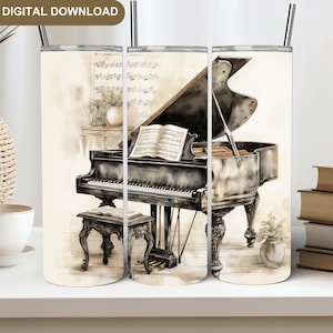 Vintage Piano Tumbler Wrap, Music Tumbler Wrap 20oz Skinny Tumbler Sublimation Design Digital Download PNG, Tumbler Gift for Piano Teacher