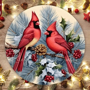 Cardinal Christmas Wreath Sign Sublimation PNG, Round Sublimation Door Signs, Ready to Press, Heat Transfer, Door Decor, Digital Download