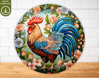 Gallo puerta redonda signo sublimación PNG gallo cocina pared decoración impresión digital granja puerta principal percha PNG primavera corona signo descargar