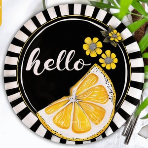 Lemon Door Hanger Round PNG, Summer Door Sign Hello Distressed Wreath Sublimation Lemon Front Door Decor Farmhouse Sign Digital Download