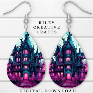 Halloween Earring Sublimation Design PNG, Spooky Teardrop Sublimation Earring Template, Scary Haunted Mansion Earring Blank Design Digital