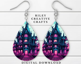 Halloween Ohrring Sublimation Design PNG, Gruselige Teardrop Sublimationsohrring Vorlage, Scary Haunted Mansion Ohrring Rohling Design Digital