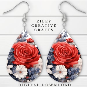4th of July Patriotic Earring Sublimation Design, Independence Day Teardrop Sublimation Earring Template, Rose Earring Blank Design Digital
