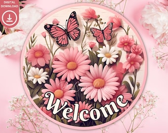 Spring Round Door Hanger, Spring Floral Door Sign PNG, Welcome Wreath Sublimation Butterflies Front Door Decor Round Spring Flowers Digital