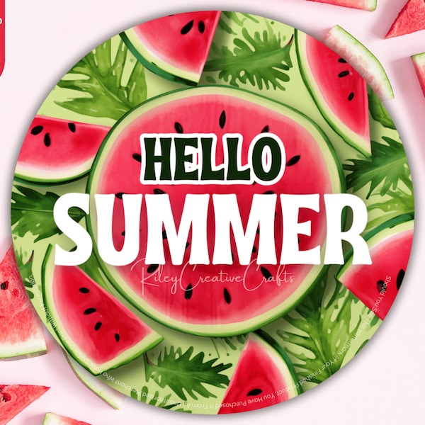 Hello Summer Door Hanger Round PNG, Watermelon Wreath Sign For Sublimation, Pool Party Wall Decor Printable Summer Drinks Bar Sign Digital