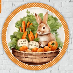 May include: A round orange and white checkered background with a brown bunny rabbit sitting in a woven basket filled with carrots, tomatoes, and green leafy vegetables. The basket has two signs on it that say "Farm Fresh" and "100% Organic".