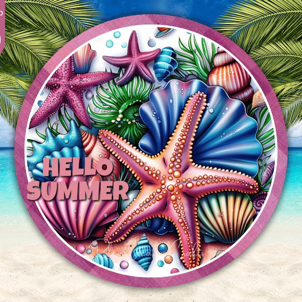 Hello Summer Round Door Sign PNG, Beach House Front Door Decor Digital, Seaside Wreath Sublimation Design PNG, Starfish Wall Art Printable