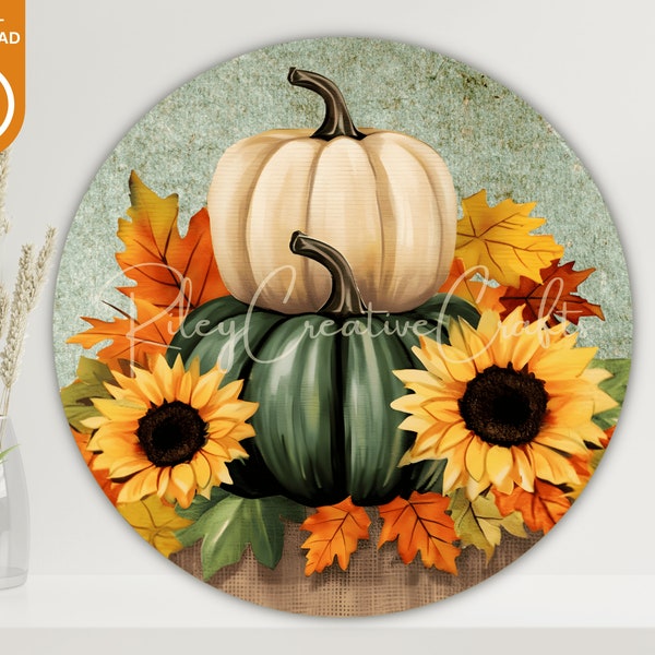 Fall Pumpkin PNG, Wreath Sign Sublimation Design, Thanksgiving Round Door Hanger, Autumn Decor Digital Download, Sunflower Front Door Sign