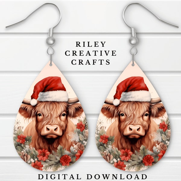 Christmas Highland Cow Earring Sublimation Design, Winter Teardrop Sublimation Earring Template, Cow Print Earring Blank Design PNG Digital