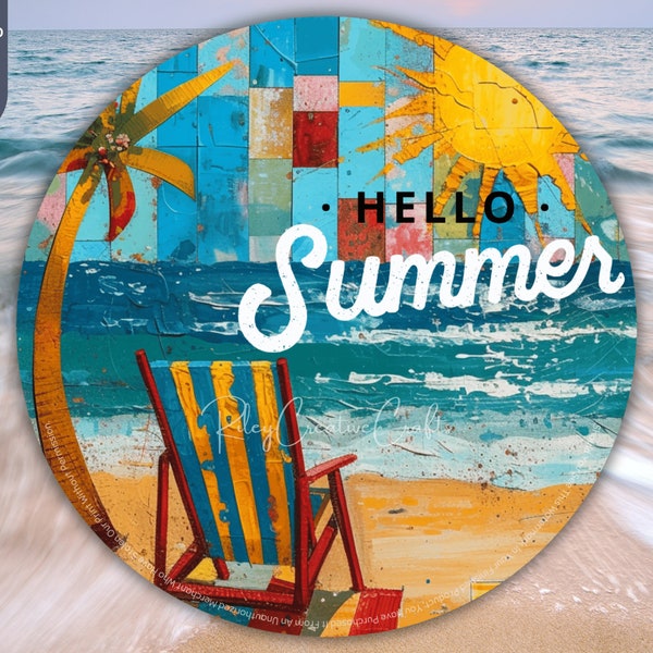 Beach Door Sign Round PNG, Hello Summer Wreath Sublimation Sign, Beach Chair Sign, Sea Drink Coaster PNG Seaside Resort Wall Art Digital