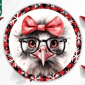 Okrągły świąteczny wieniec znak, zimowy wieniec PNG sublimacja znak na drzwi wejściowe, podkładki samochodowe Xmas Cute Christmas Ornament PNG Struś cyfrowy