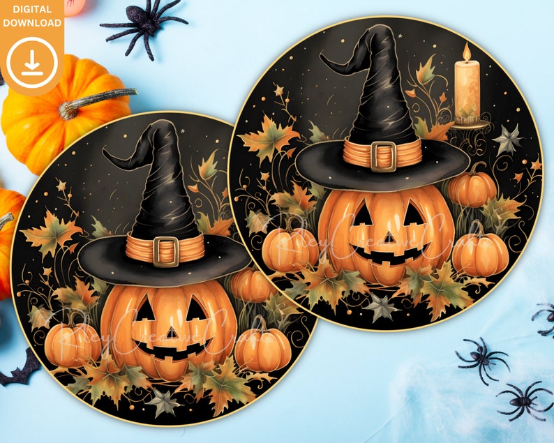 May include: Two round black plates with a gold rim, each featuring a jack-o'-lantern pumpkin wearing a black witch hat with an orange band. The pumpkins are surrounded by fall leaves and vines.