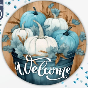 Fall Sublimation Round Door Hanger PNG, Blue Pumpkins Wreath Sign, Welcome Front Door Sign, Autumn PNG Wreath Sublimation Design Digital Art