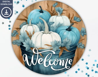 Fall Sublimation Round Door Hanger PNG, Blue Pumpkins Wreath Sign, Welcome Front Door Sign, Autumn PNG Wreath Sublimation Design Digital Art