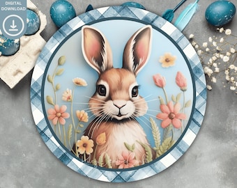 Happy Easter Round PNG, Easter Door Sign Digital Easter Bunny Sublimation Wreath Design, Easter Front Door Decor Spring Floral Door Hanger