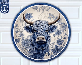 Chinoiserie Highland Cow Door Sign, Diseño de corona de sublimación redonda, Signo de bienvenida de vaca PNG, Arte de pared rústico Escocia Vaca Descarga digital