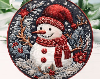 Embroidery Snowman Wreath Sign Sublimation PNG, Round Door Hanger Christmas Snowman Ornament PNG Door Sign Frosty Snowman Wreath Sublimate