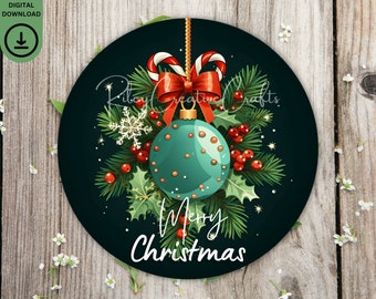 Door Sign Christmas Round PNG, Merry Christmas Door Hanger, Christmas Ornament Sublimation, Holly, Snowflake Front Door Wreath Digital