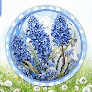 Spring Floral Door Sign Round PNG, Hyacinth Blue Sublimation Wreath Design, Spring Floral Door Hanger Round, Digital Spring Decor Wall Art