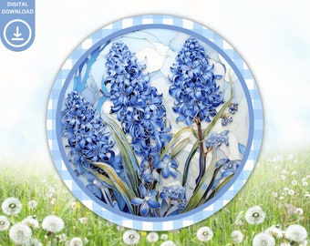 Signo de puerta floral de primavera redondo PNG, diseño de corona de sublimación azul jacinto, percha de puerta floral de primavera redonda, arte de pared de decoración de primavera digital
