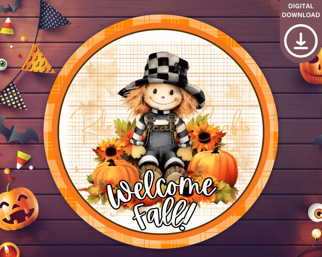 Scarecrow Door Hanger Fall PNG, Scarecrow Wreath Sign for Front Door ...
