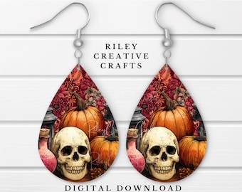 Halloween Sublimationsohrring PNG Kürbis Ohrring Digitale Datei für Herbst Ohrring Clipart Geisterohr Teardrop PNG Schädelohrring Download