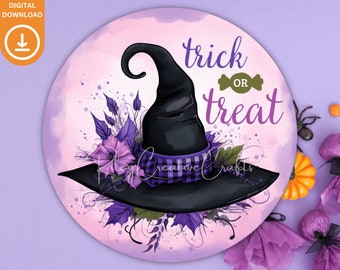 Sombrero de bruja, Letrero de corona de Halloween PNG, Archivo de sublimación de letrero de puerta de truco o trato, Diseño redondo de Halloween PNG, Decoración digital de puerta delantera de otoño