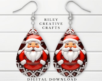 May include: A pair of red and white Santa Claus earrings with snowflake accents. The earrings are teardrop shaped and have silver hooks.