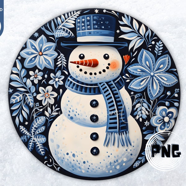 Blue Snowman Wreath Sign PNG, Winter Sublimation Door Sign, Round Xmas Ornament, Traditional Decor Folk Art, Commercial Use Digital Download