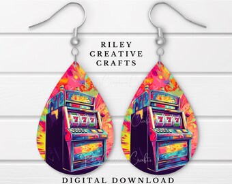 Archivo de diseño de sublimación de aretes de máquina tragamonedas PNG, imagen de aretes de casino, aretes de lotería listos para prensar.