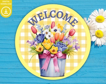 Colgador de puerta redonda de primavera PNG, letreros de sublimación de tulipanes digitales, flores silvestres de primavera, letreros de puerta de bienvenida, decoración del hogar imprimible arte de pared de primavera