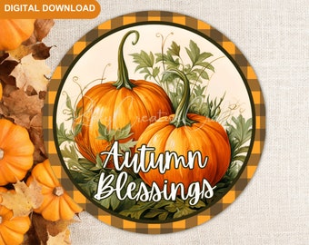 Fall Pumpkins Sublimation PNG, Autumn Wreath for Front Door, Retro Fall Sign Sublimation Design PNG, Rustic Fall Round Door Hanger Digital