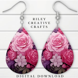 Roze rozen oorbel sublimatie ontwerp PNG, bloemen Teardrop sublimatie oorbel sjabloon, bloemen oorbel leeg ontwerp digitale download