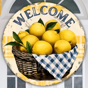 Lemon Door Sign Round PNG, Welcome Door Sign, Summer Sublimation Wreath Sign Design Front Door Decor Fresh Lemon Rustic Sign Digital