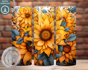 Diseño de sublimación de vaso de girasoles boho, plantilla de envoltura de vaso delgado de 20 oz, PNG floral de otoño, descarga digital de vaso verde azulado flor de otoño