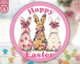 Happy Easter Wreath Sign PNG Bunny Door Hanger Sublimation Design Round Easter Sign Digital Easter Door Sign PNG File Cottontail Rabbit PNG