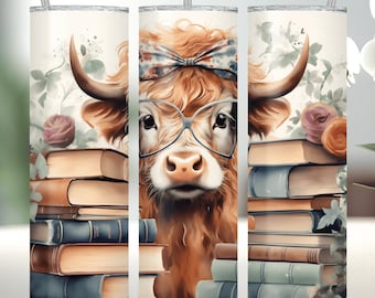 Highland Cow Tumbler Wrap PNG, Libro y Vaca Nerdy Divertida 20 Oz Flaco Vaso Sublimación Diseño Plantilla Libro Amante Vaso PNG Wrap Digital
