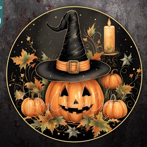 May include: A black and orange Halloween-themed pumpkin with a witch's hat on top. The pumpkin is surrounded by fall leaves and a lit candle.