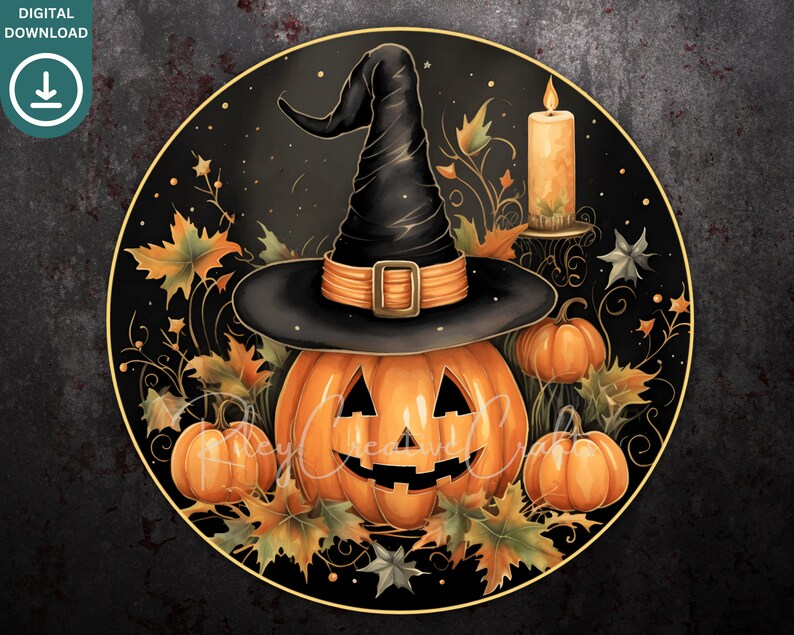 May include: A black and orange Halloween-themed pumpkin with a witch's hat on top. The pumpkin is surrounded by fall leaves and a lit candle.