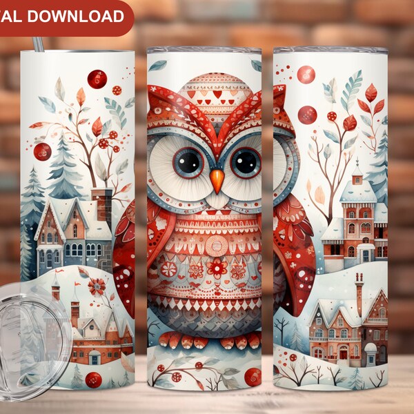 Winter Owl Sublimation Tumbler Christmas Ready To Press 20 oz Wrap PNG, Gift for Owl Lover Ugly Sweater Tumbler, Snow Village Digital