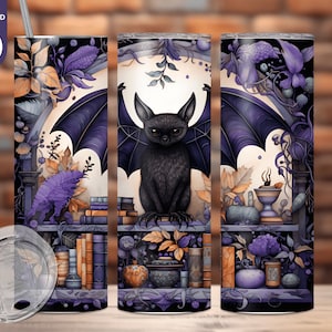 Gothic Halloween Bat Tumbler Sublimation PNG 20oz Skinny, Gothic Literature, Dark Purple Mansion, Supernatural Tumbler Design Spell Digital
