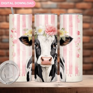 Dairy Cow Tumbler Wrap, Black and White Cow Tumbler Sublimation Designs, Shabby Chic Tumbler PNG Vintage Flora Tumbler Design Digital